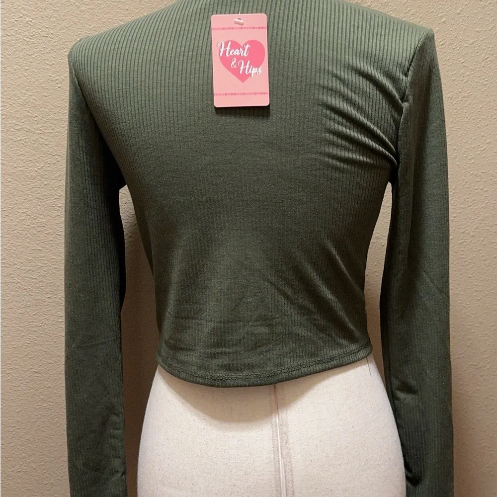 Lace up olive green crop top long sleeve top
